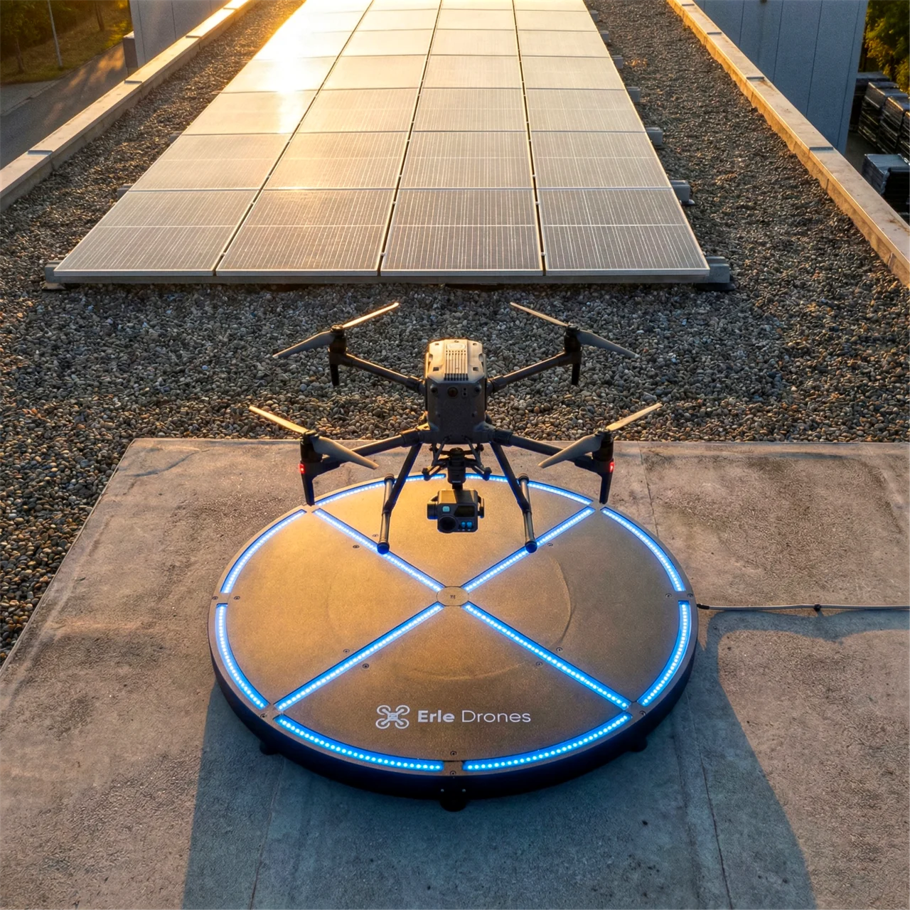 Drohne landet Hangar Laden Solar